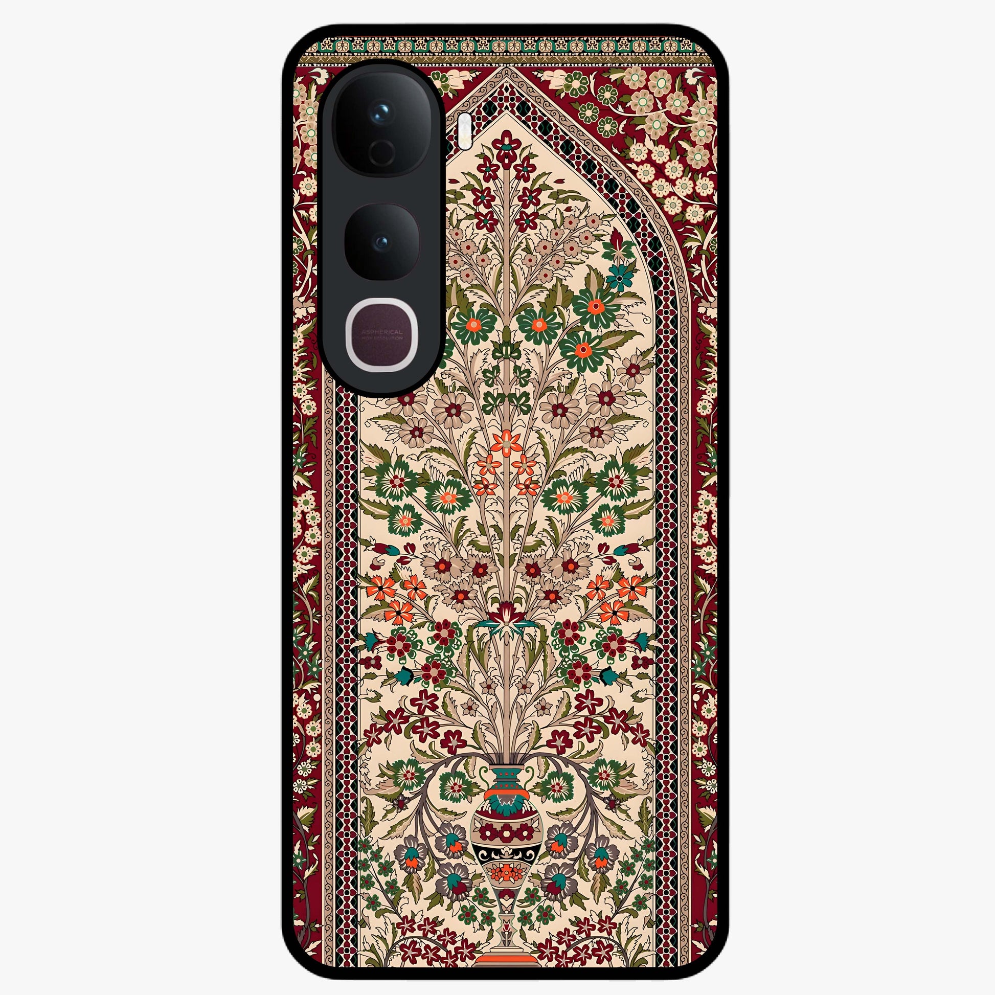 Persian Inspired Glass Case showing flat back view with ornate Persian style pattern artwork and glossy glass finish.