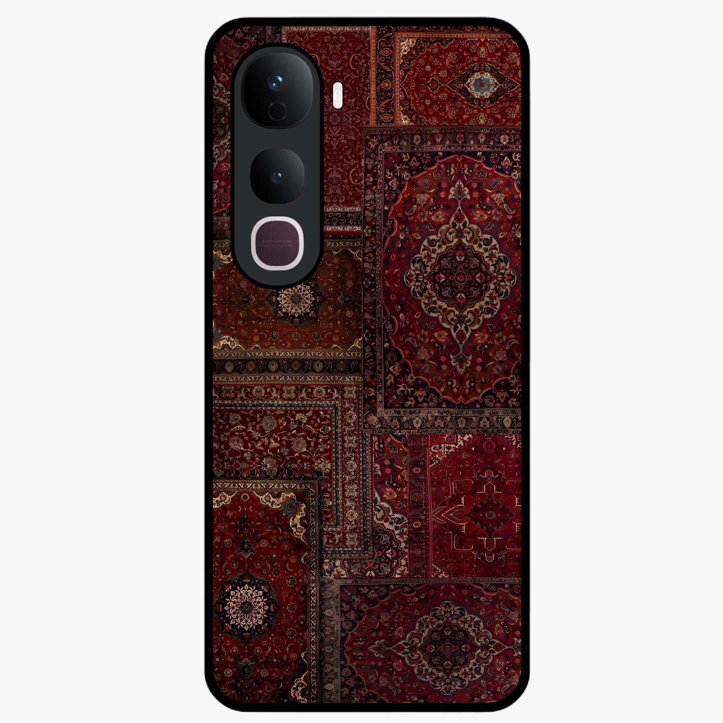 Persian Velvet Tale Glass Case showing flat back view with luxurious Persian velvet pattern artwork and glossy glass finish.