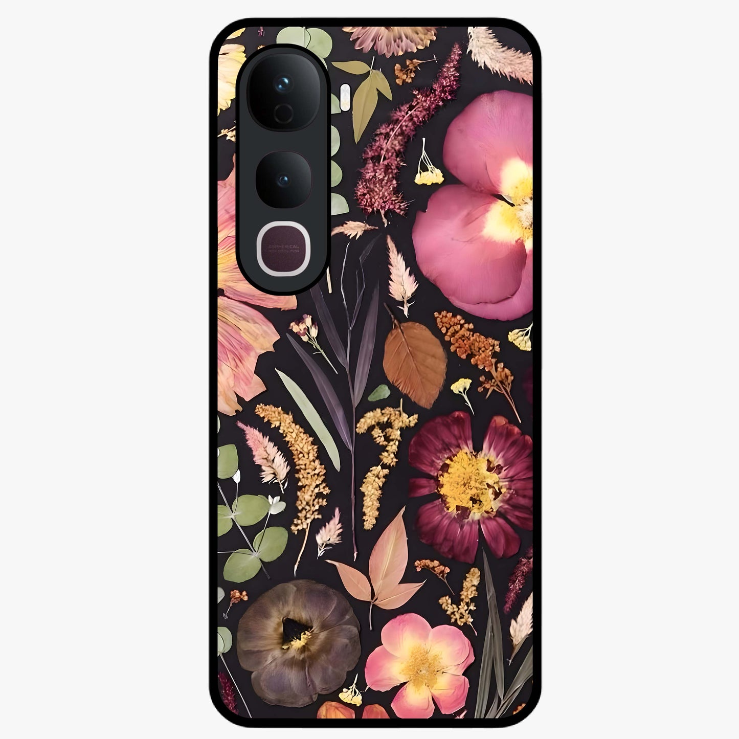 Petal Dream Tapestry Glass Case showing flat back view with intricate floral tapestry artwork and glossy glass finish.