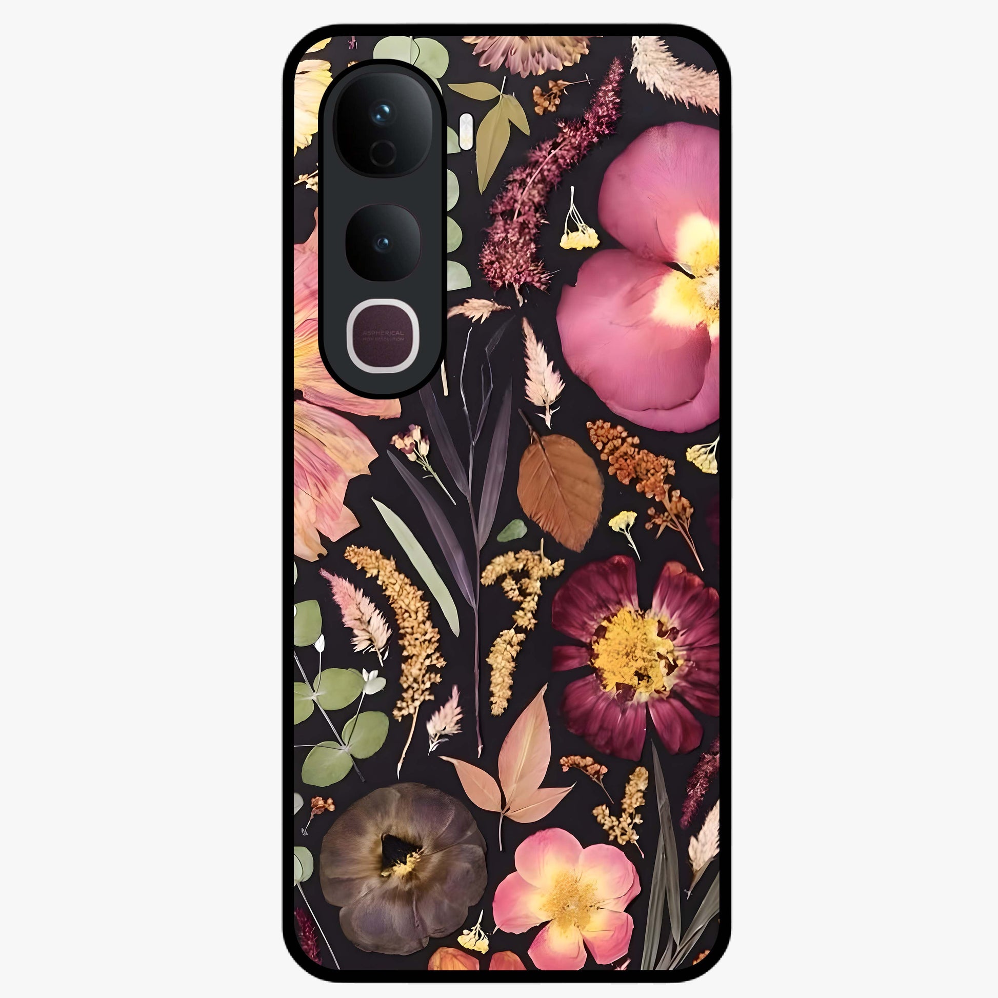 Petal Dream Tapestry Glass Case showing flat back view with intricate floral tapestry artwork and glossy glass finish.