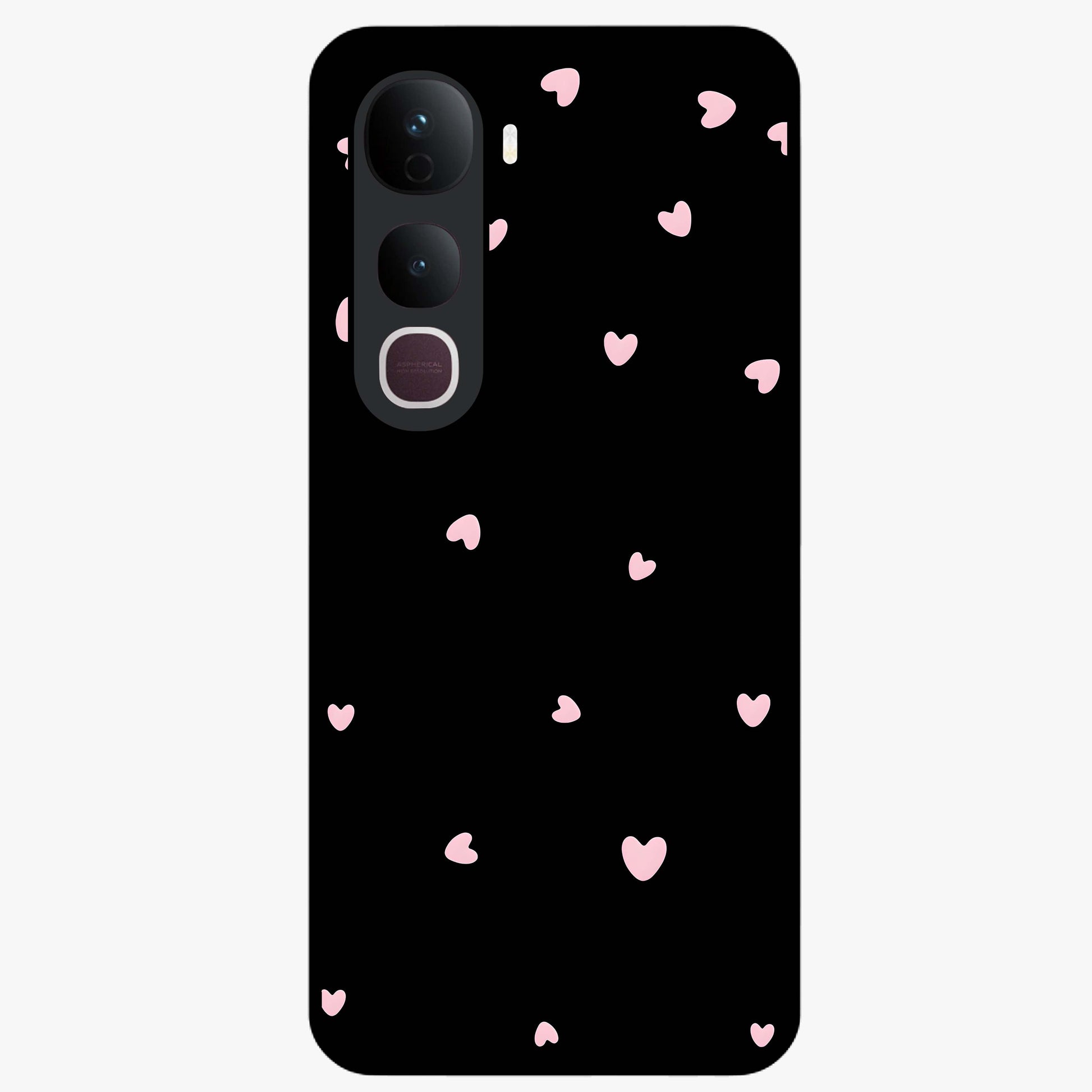 Pink Love Drops Glass Case showing flat back view with playful pink heart drops artwork and glossy glass finish.