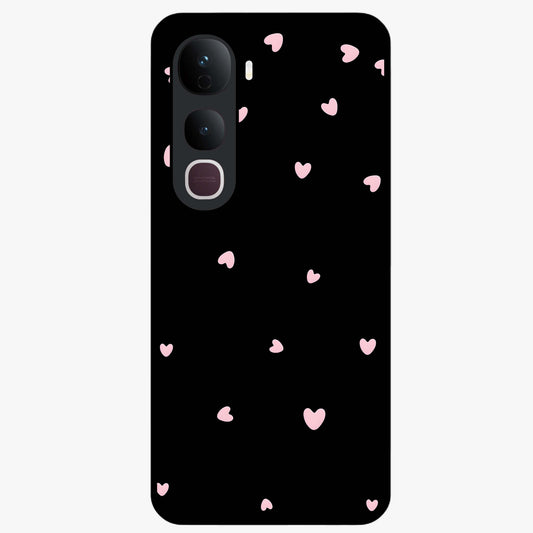 Pink Love Drops Glass Case showing flat back view with playful pink heart drops artwork and glossy glass finish.