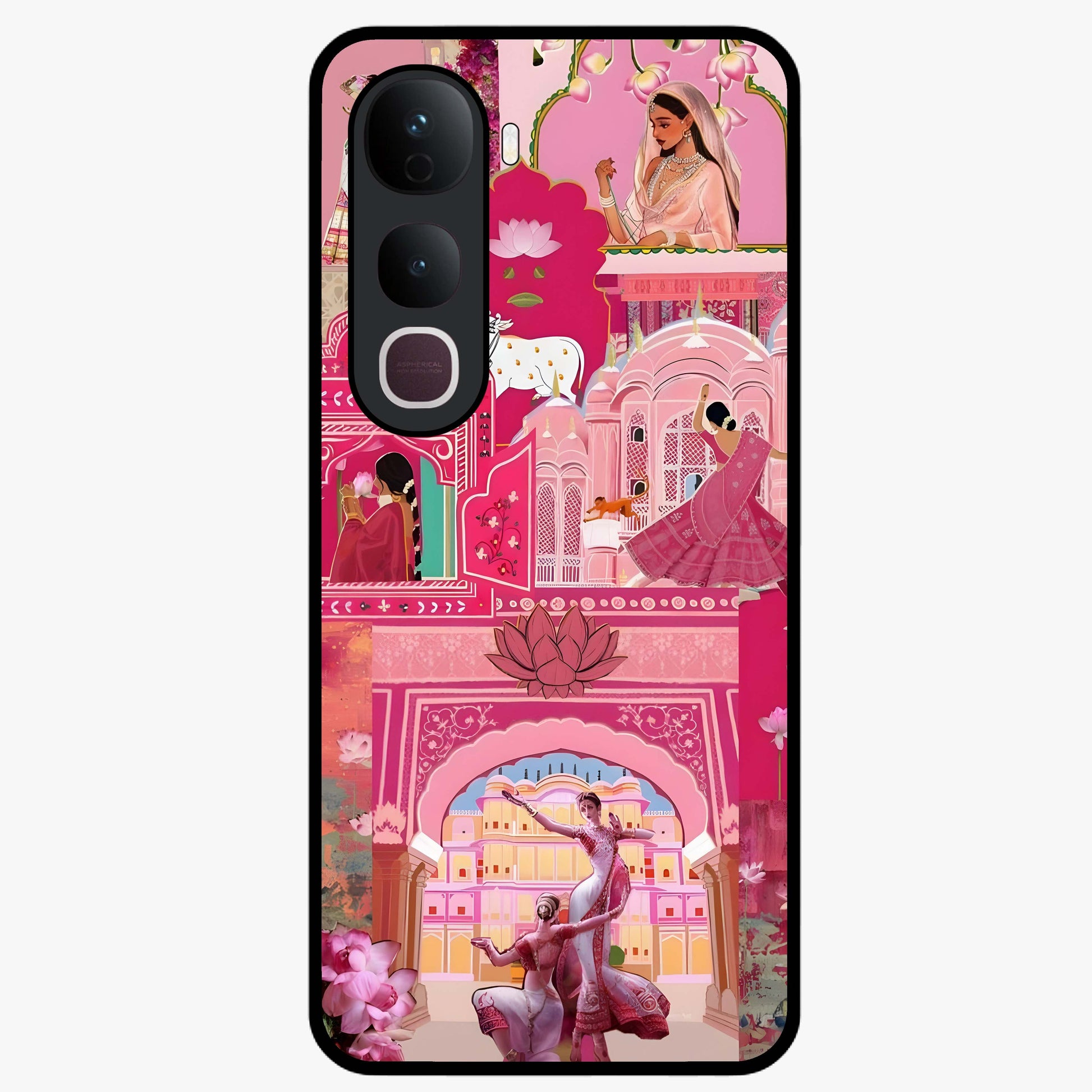 Pink Palace Muse Glass Case showing flat back view with elegant palace inspired artwork and glossy glass finish.