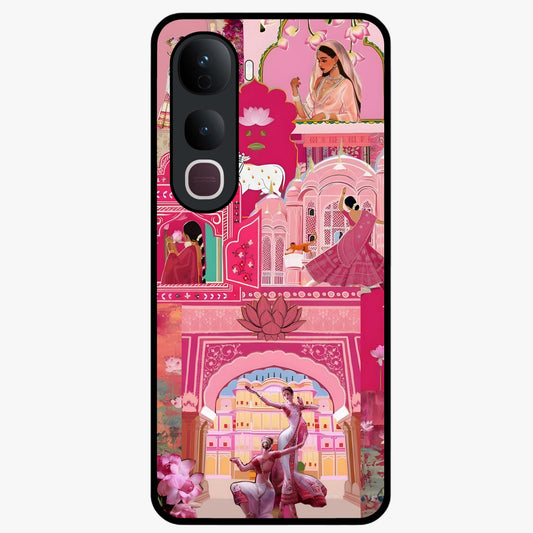 Pink Palace Muse Glass Case showing flat back view with elegant palace inspired artwork and glossy glass finish.