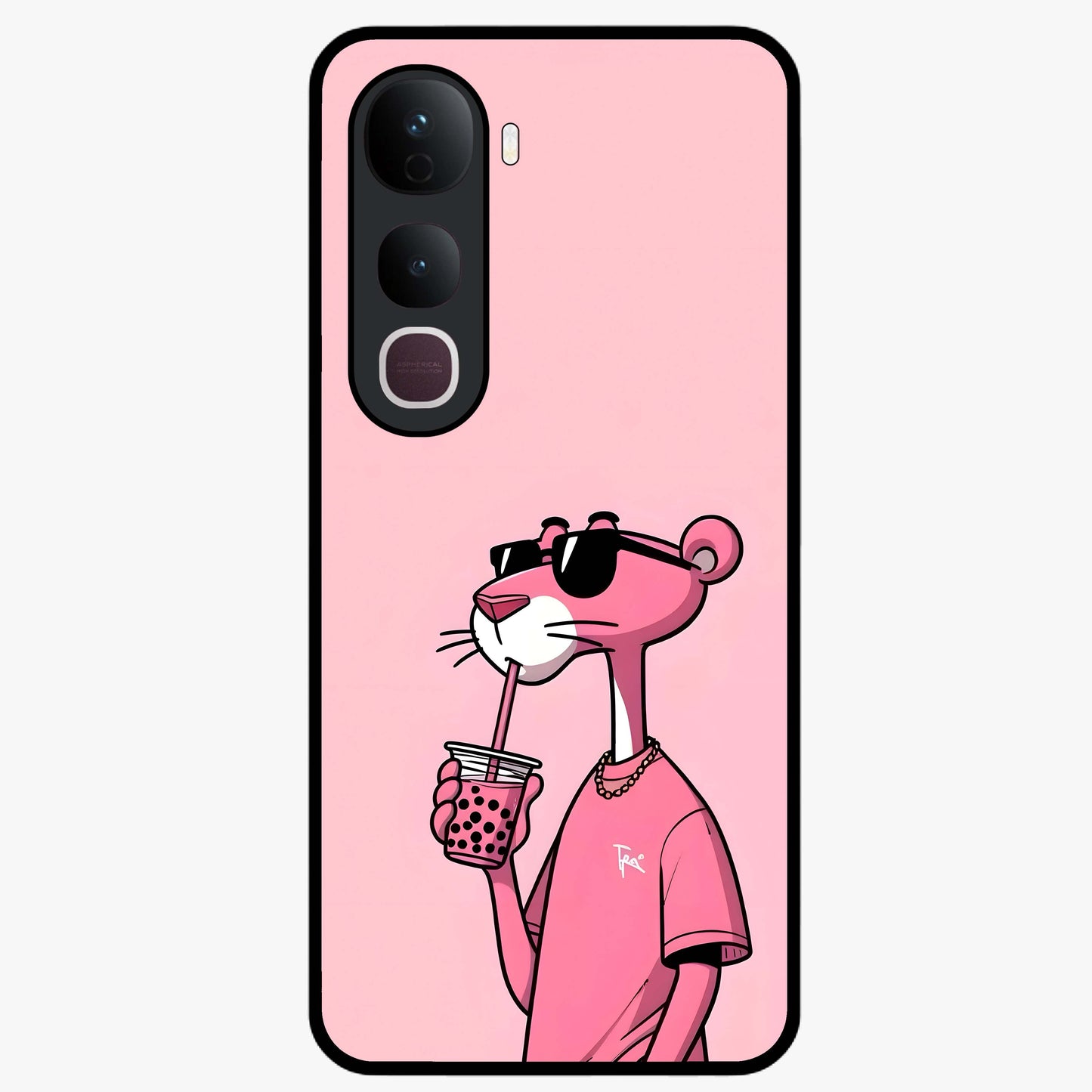 Pink Panther Glass Case showing flat back view with iconic pink panther artwork and glossy glass finish.