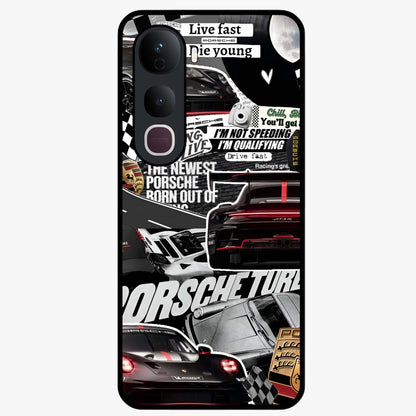 Porsche Racing Collage Glass Case showing flat back view with sports car racing collage artwork and glossy glass finish.