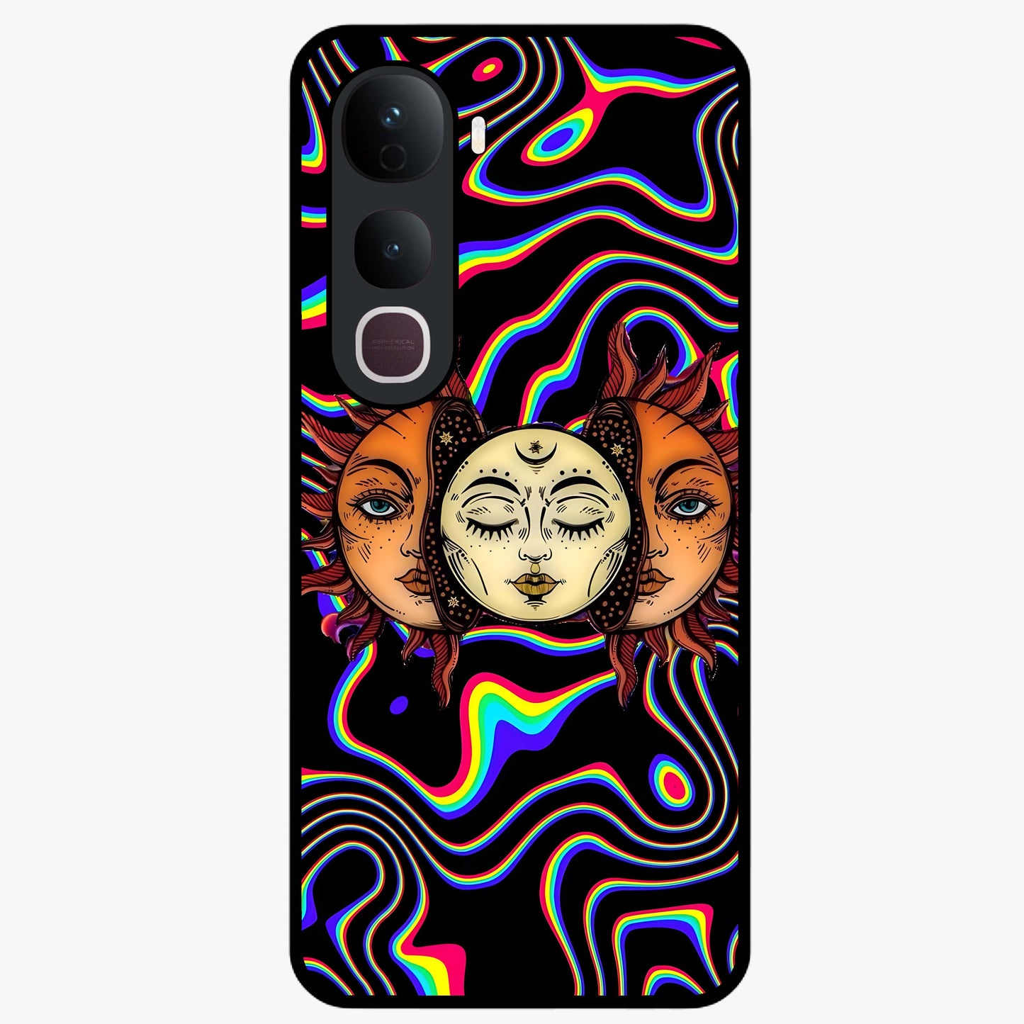 Psychedelic Sun Glass Case showing flat back view with colorful psychedelic sun artwork and glossy glass finish.