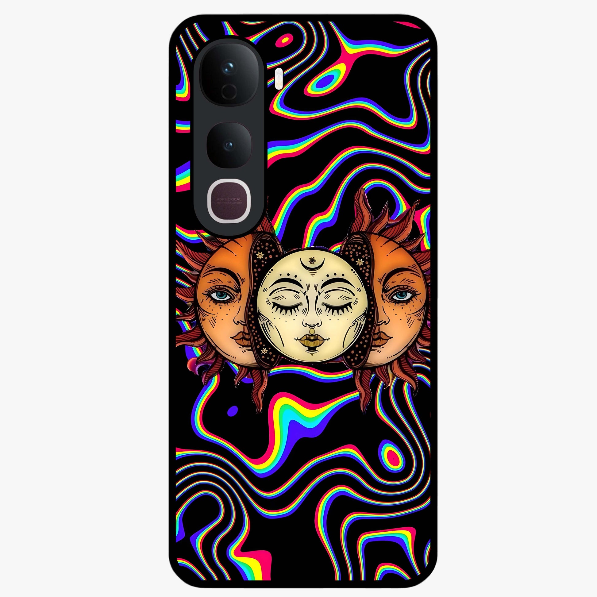 Psychedelic Sun Glass Case showing flat back view with colorful psychedelic sun artwork and glossy glass finish.
