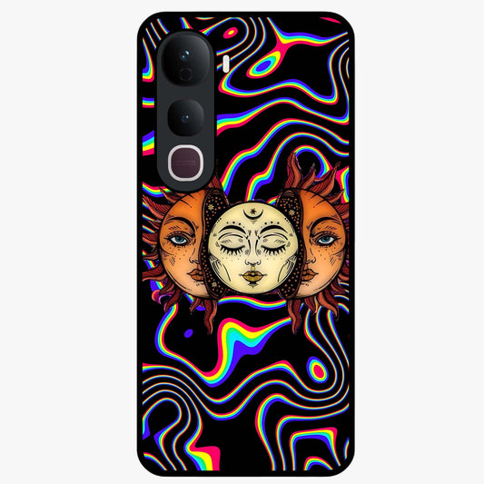 Psychedelic Sun Glass Case showing flat back view with colorful psychedelic sun artwork and glossy glass finish.