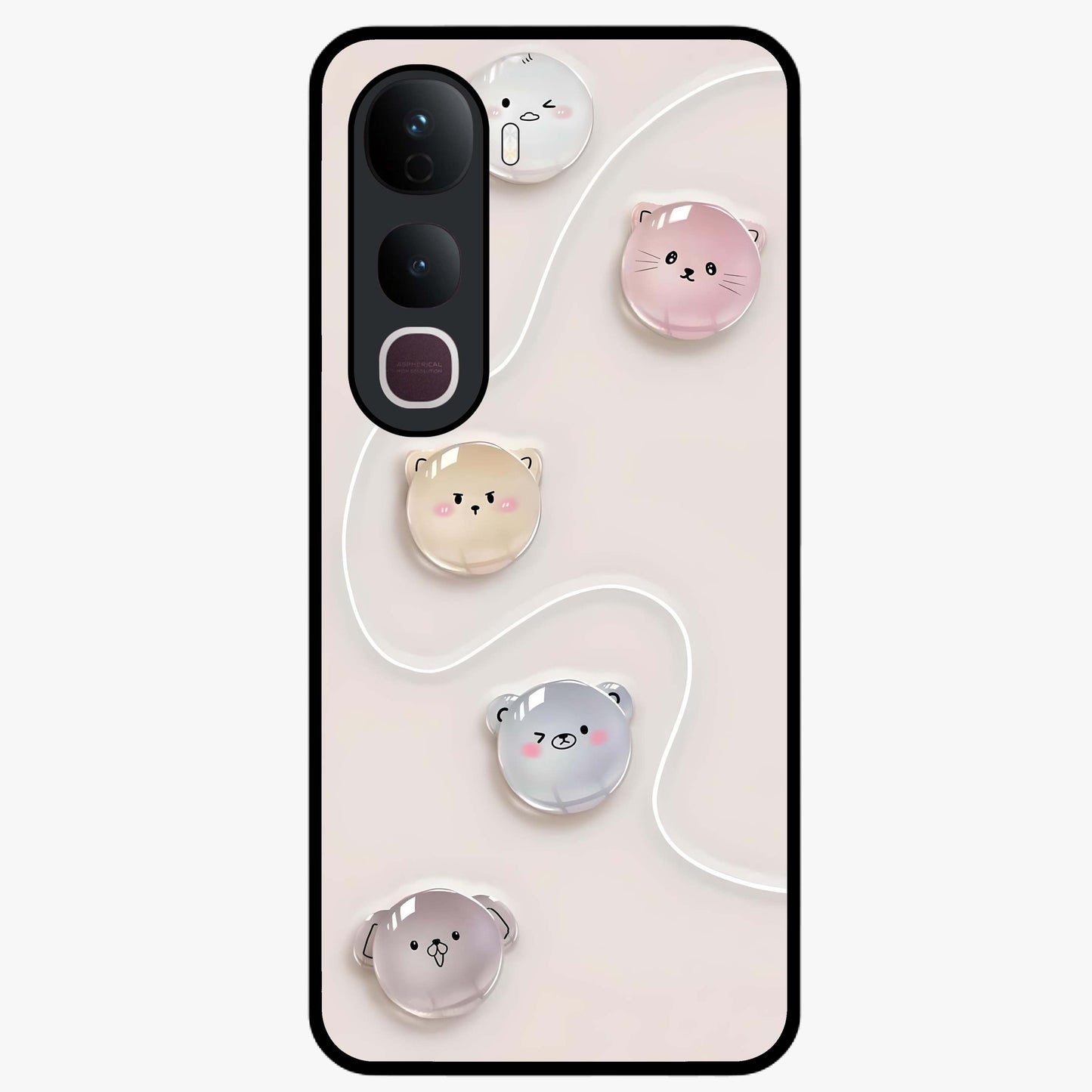 Puffy Face Parade Glass Case showing flat back view with cute puffy character faces artwork and glossy glass finish.