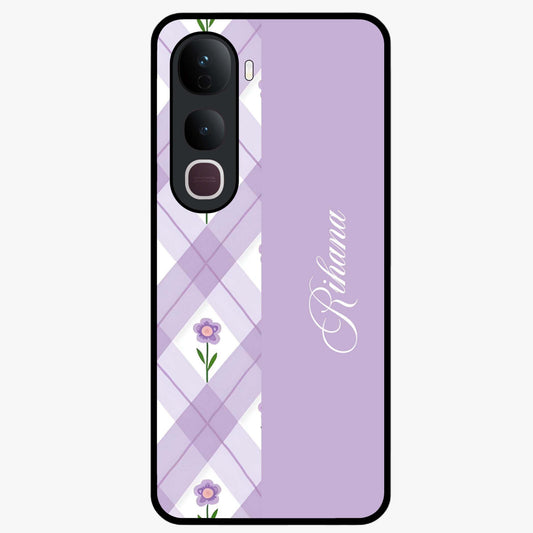Purple Diamond Floral Glass Case showing flat back view with diamond shaped floral artwork and glossy glass finish.