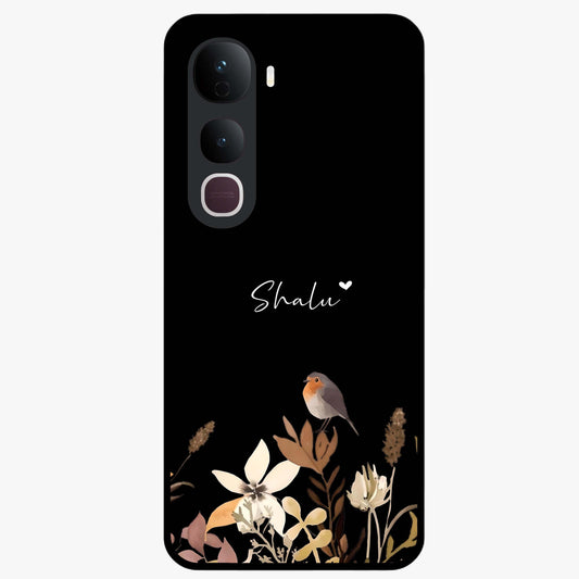 Quiet Garden Tune Custom Name Glass Case showing flat back view with peaceful garden artwork and personalized name design.