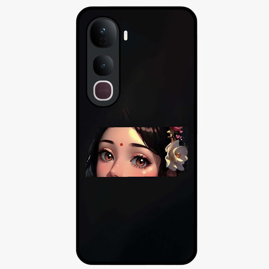 Radha Divine Embrace Glass Case showing flat back view with devotional Radha artwork and glossy glass finish.