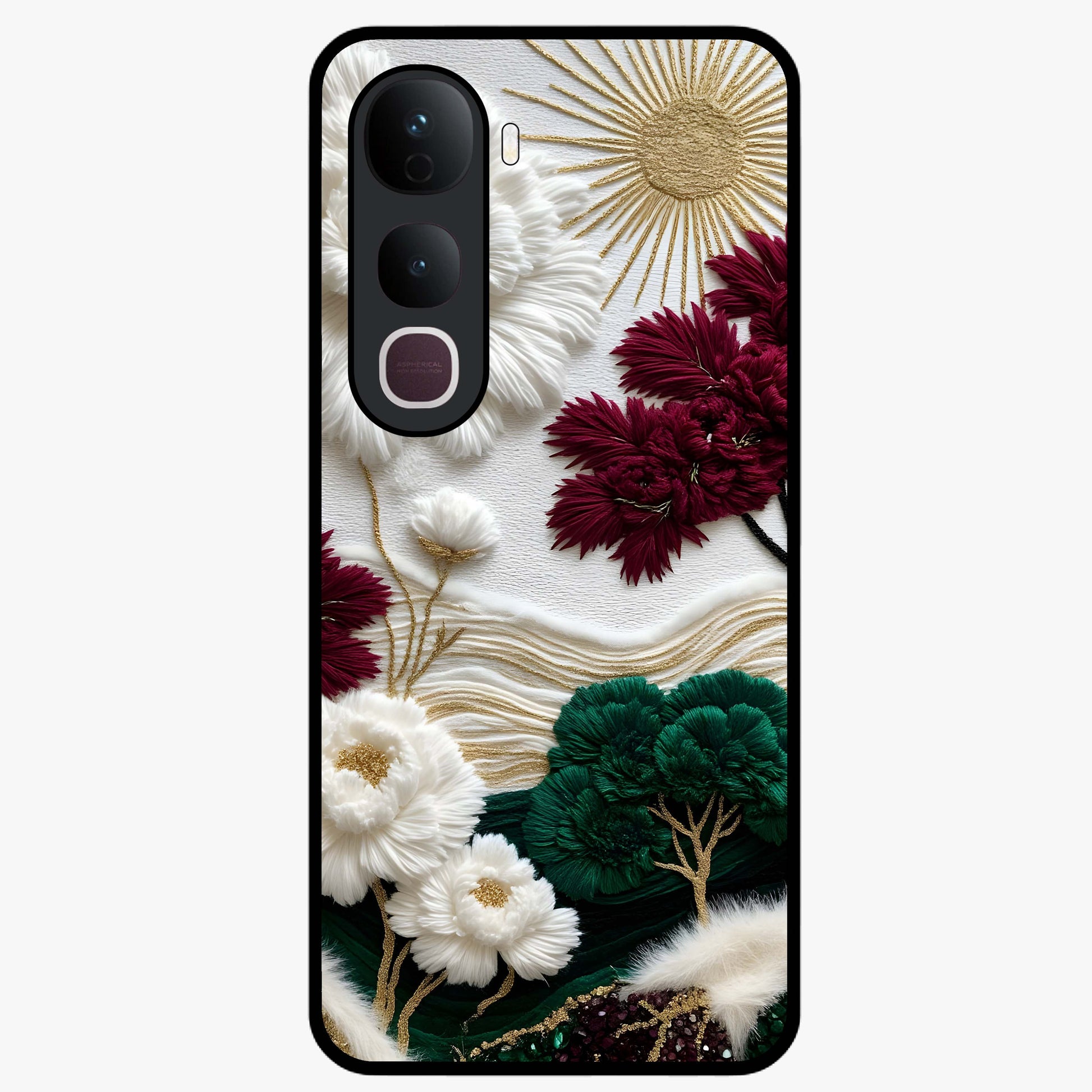 Radiant Bloom Elegance Glass Case showing flat back view with elegant blooming flower artwork and glossy glass finish.