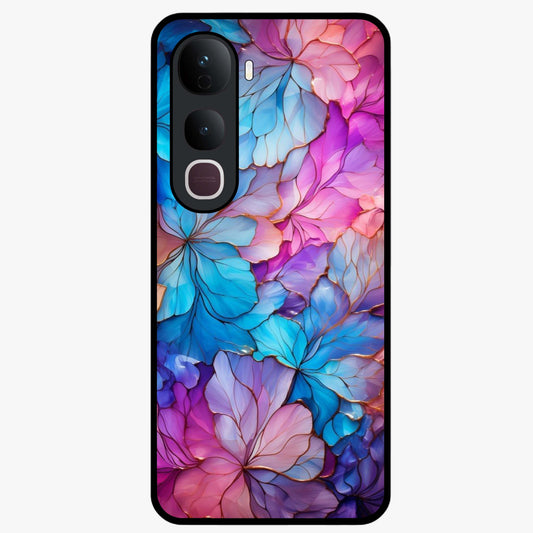 Radiant Floral Whirl Glass Case showing flat back view with swirling floral artwork and glossy glass finish.