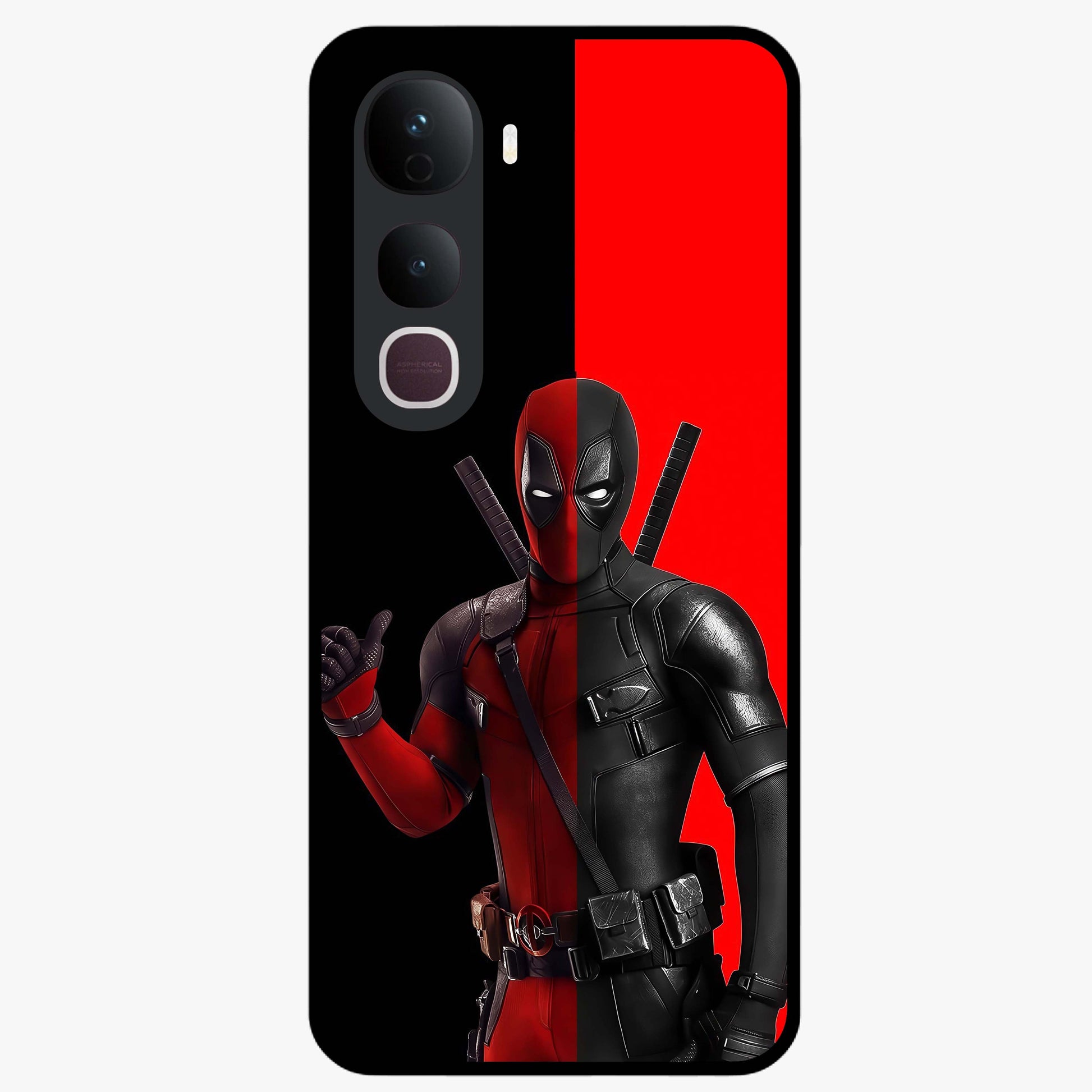 Red & Black Deadpool Theme Glass Case showing flat back view with bold comic inspired artwork and glossy glass finish.