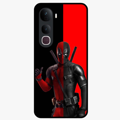 Red & Black Deadpool Theme Glass Case showing flat back view with bold comic inspired artwork and glossy glass finish.