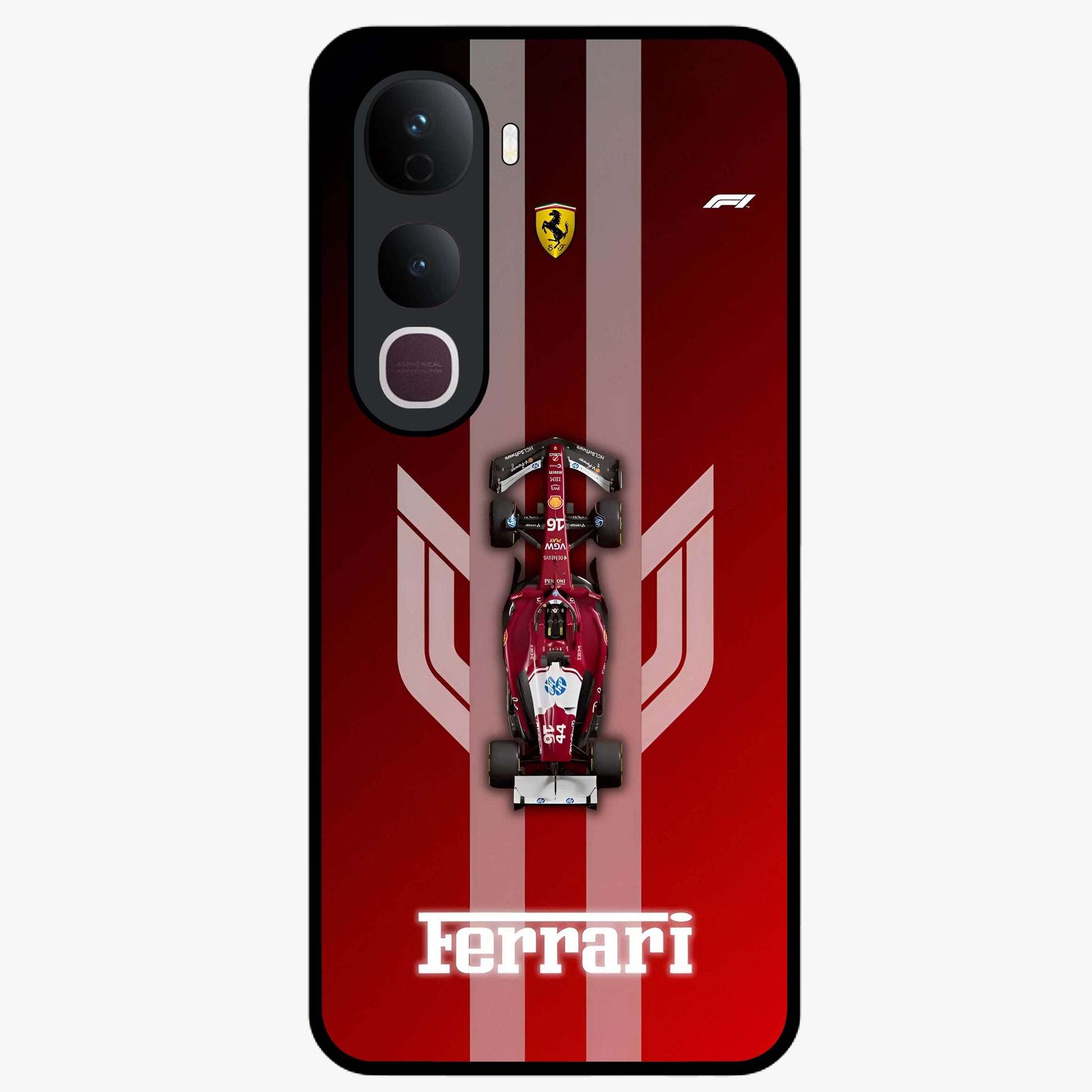 Red Ferrari F1 Vertical Glass Case showing flat back view with sleek Formula racing car artwork and glossy glass finish.