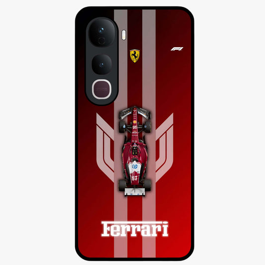 Red Ferrari F1 Vertical Glass Case showing flat back view with sleek Formula racing car artwork and glossy glass finish.