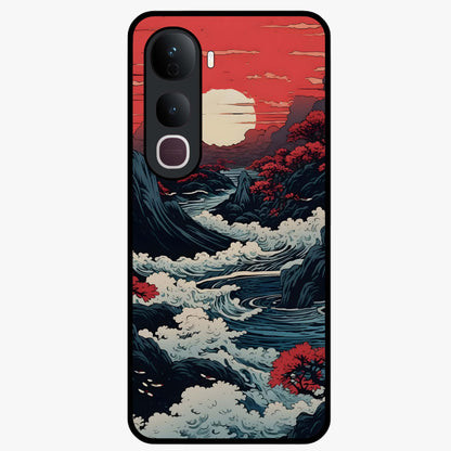Red Sunset Scenery Glass Case showing flat back view with vibrant sunset landscape artwork and glossy glass finish.