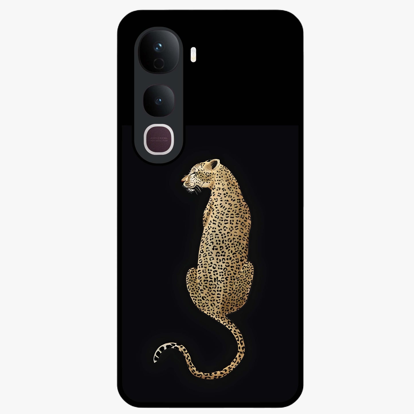 Regal Leopard Glass Case showing flat back view with bold leopard artwork and glossy glass finish.