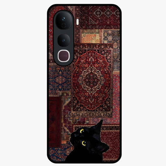 Regal Magic Cat Apple Glass Case showing flat back view with magical cat artwork holding apple and glossy glass finish.