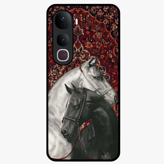 Regal Stallion Tapestry Glass Case showing flat back view with majestic horse tapestry artwork and glossy glass finish.