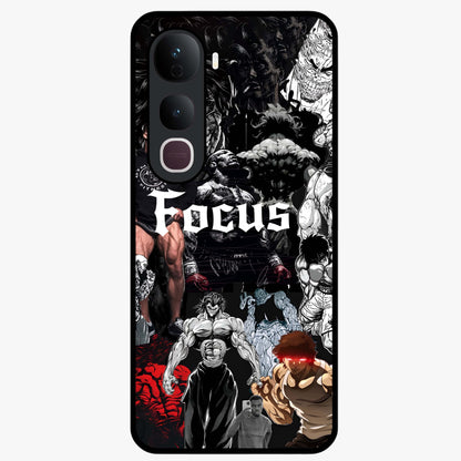 Relentless Power Focus Glass Case showing flat back view with motivational typography artwork and glossy glass finish.