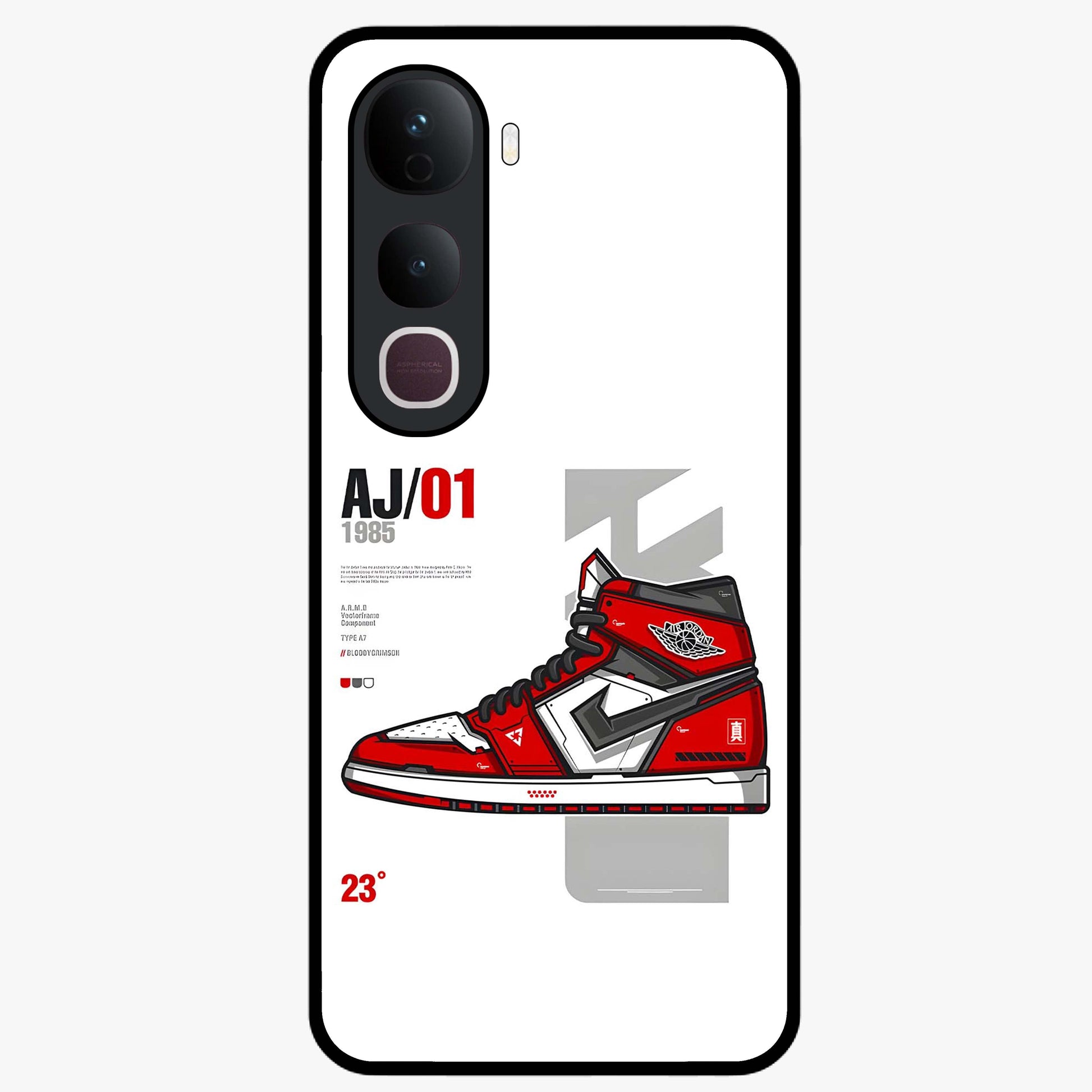 Retro Sneaker Blueprint Glass Case showing flat back view with sneaker blueprint style artwork and glossy glass finish.