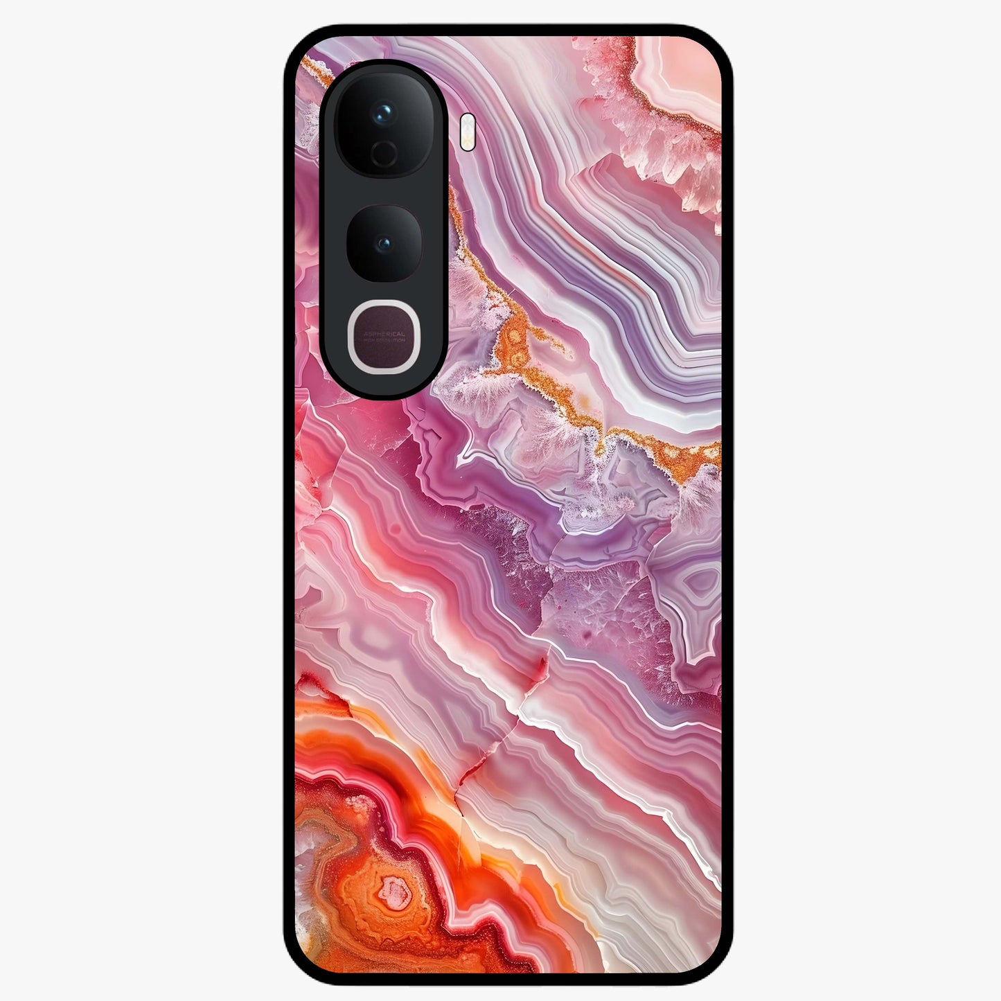 Rose Quartz Marble Glass Case showing flat back view with pink marble quartz texture artwork and glossy glass finish.