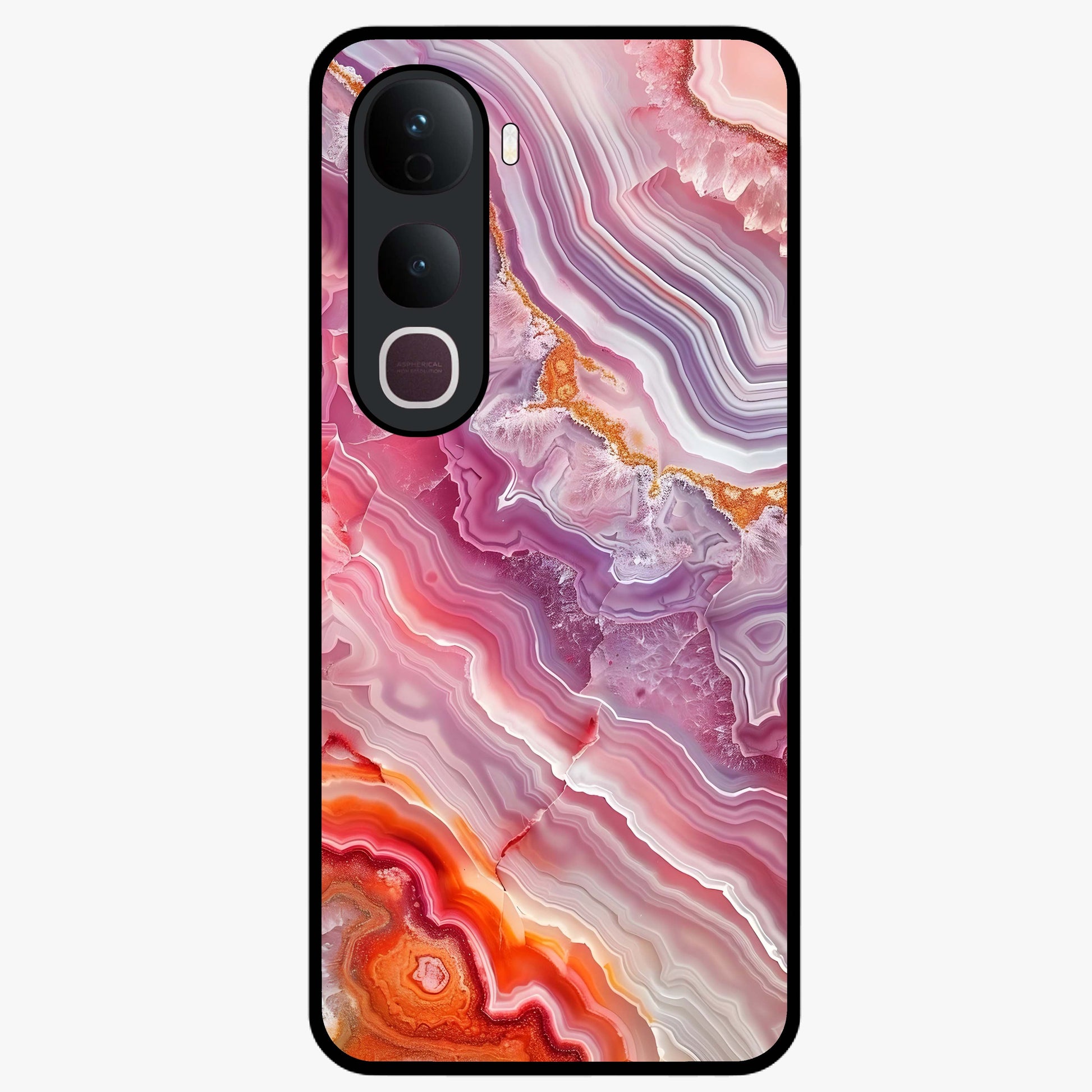 Rose Quartz Marble Glass Case showing flat back view with pink marble quartz texture artwork and glossy glass finish.