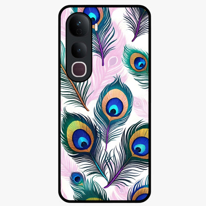 Royal Peacock Feathers Glass Case showing flat back view with colorful peacock feather artwork and glossy glass finish.