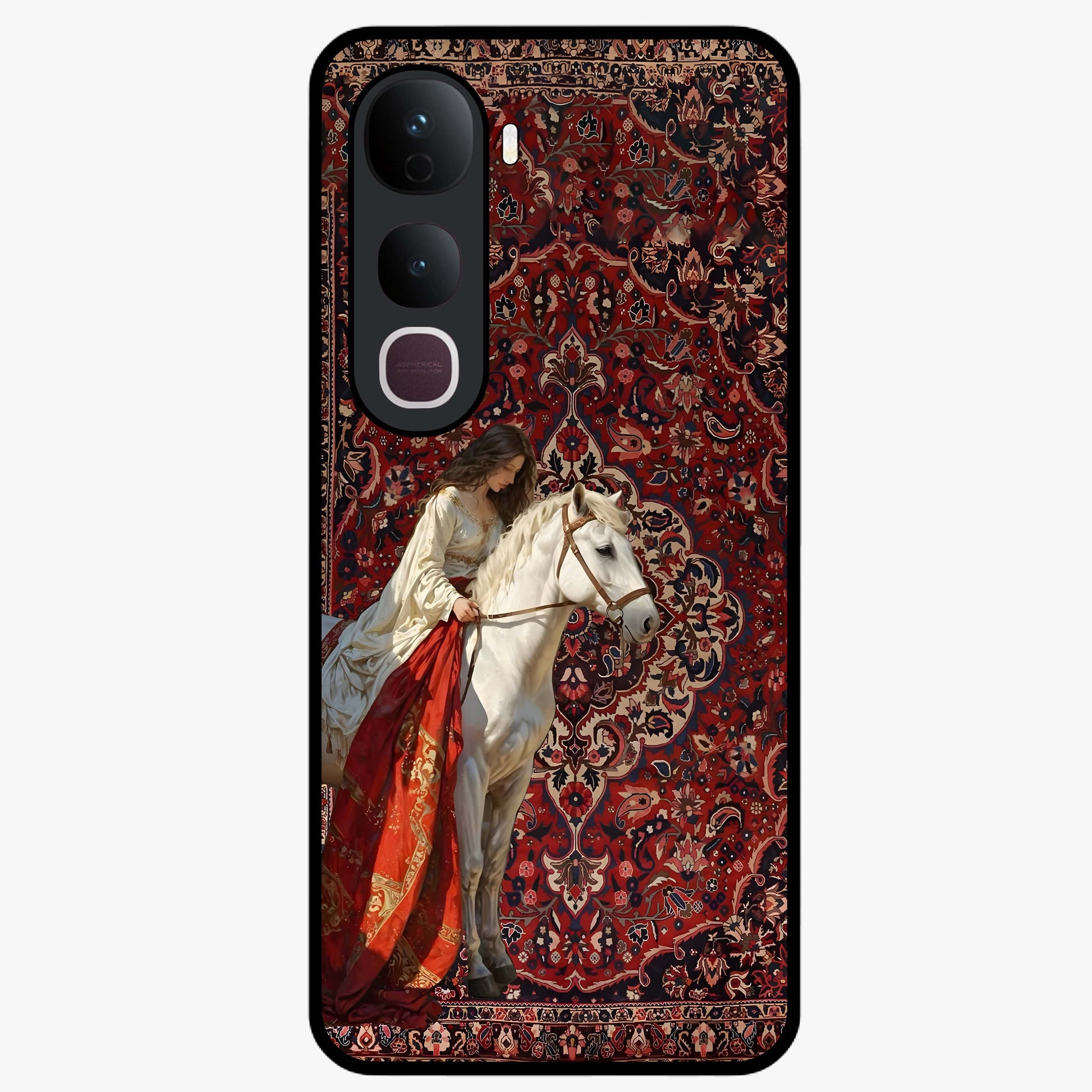 Royal Rider Tapestry Glass Case showing flat back view with majestic horse rider tapestry artwork and glossy glass finish.