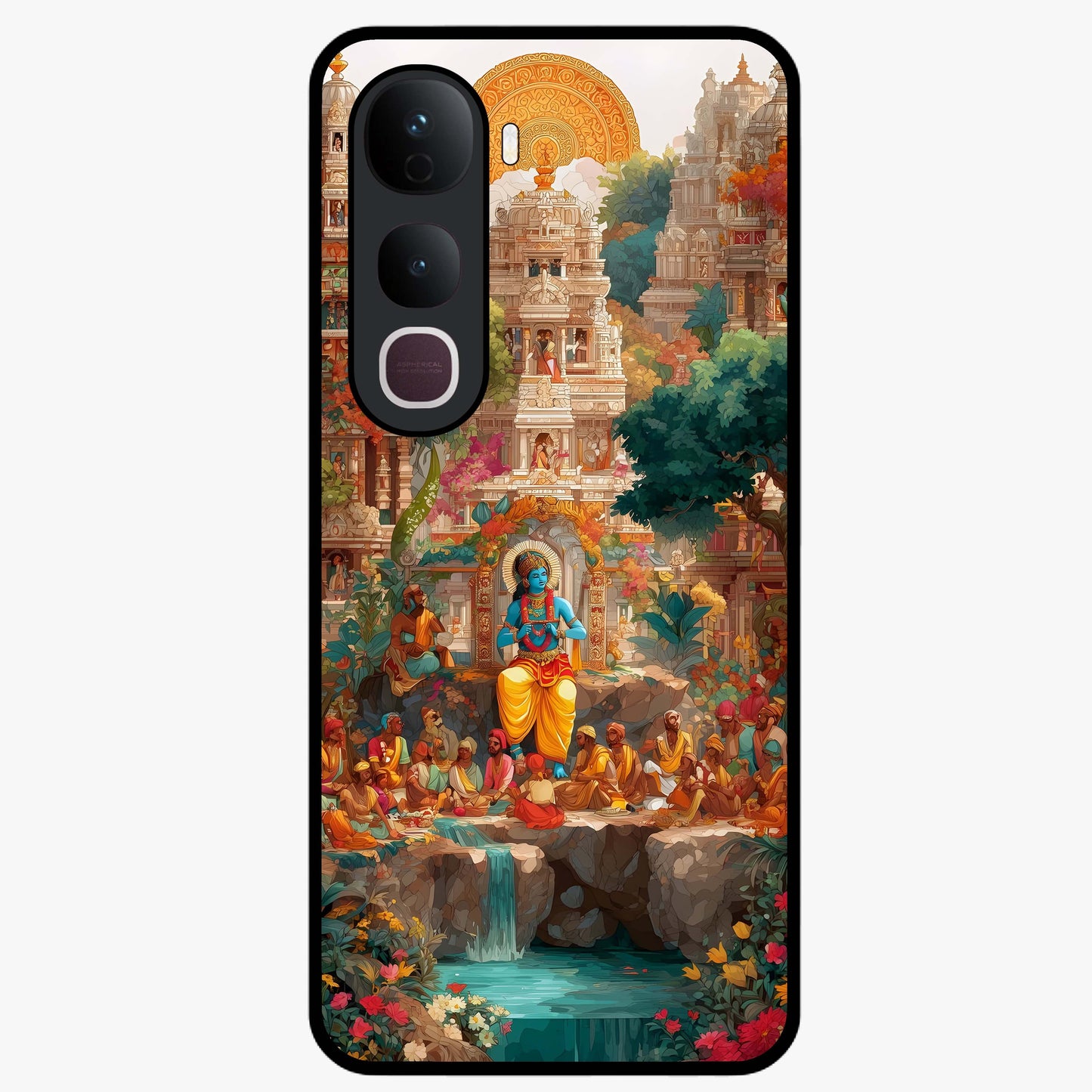 Sacred Sunlight Gods Glass Case showing flat back view with divine sunlight themed artwork and glossy glass finish.
