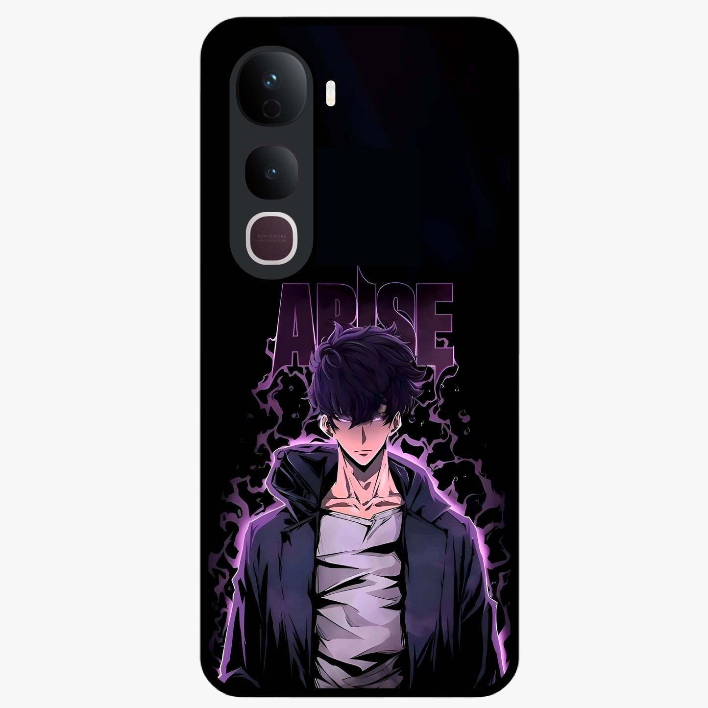 Shadow Monarch Awakening Glass Case showing flat back view with powerful dark monarch themed artwork and glossy glass finish.