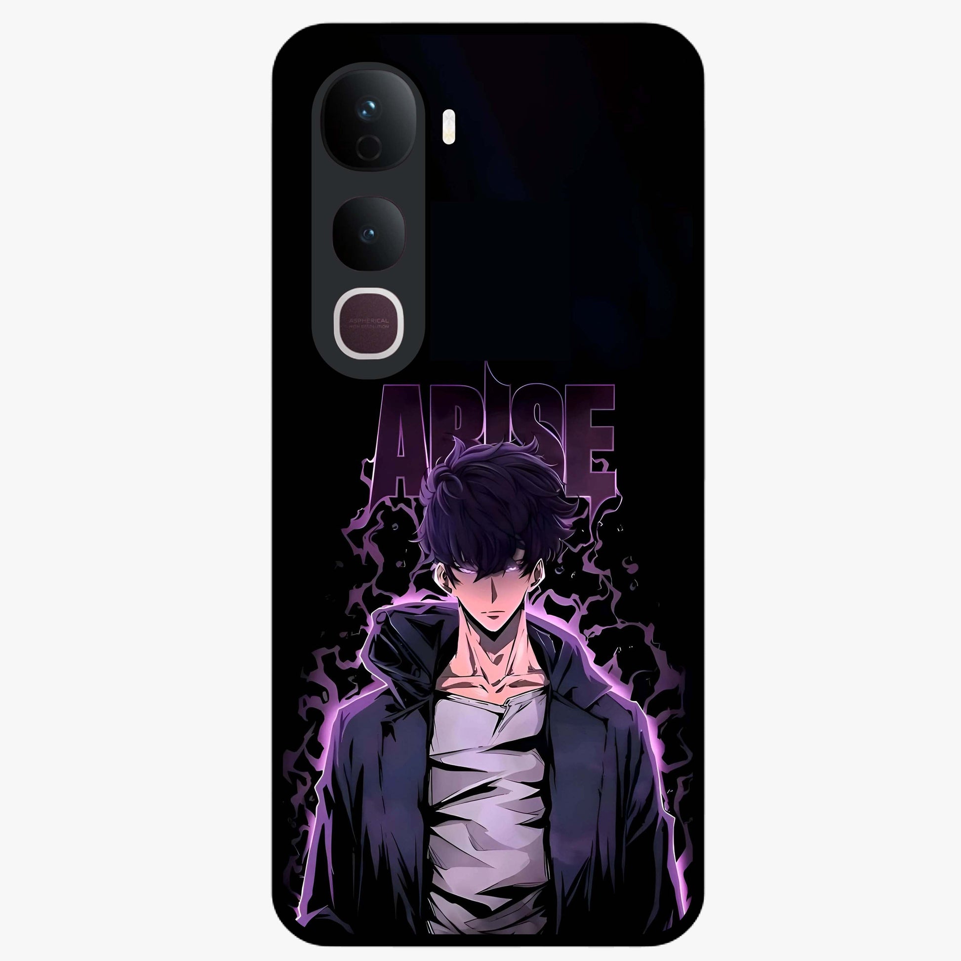 Shadow Monarch Awakening Glass Case showing flat back view with powerful dark monarch themed artwork and glossy glass finish.