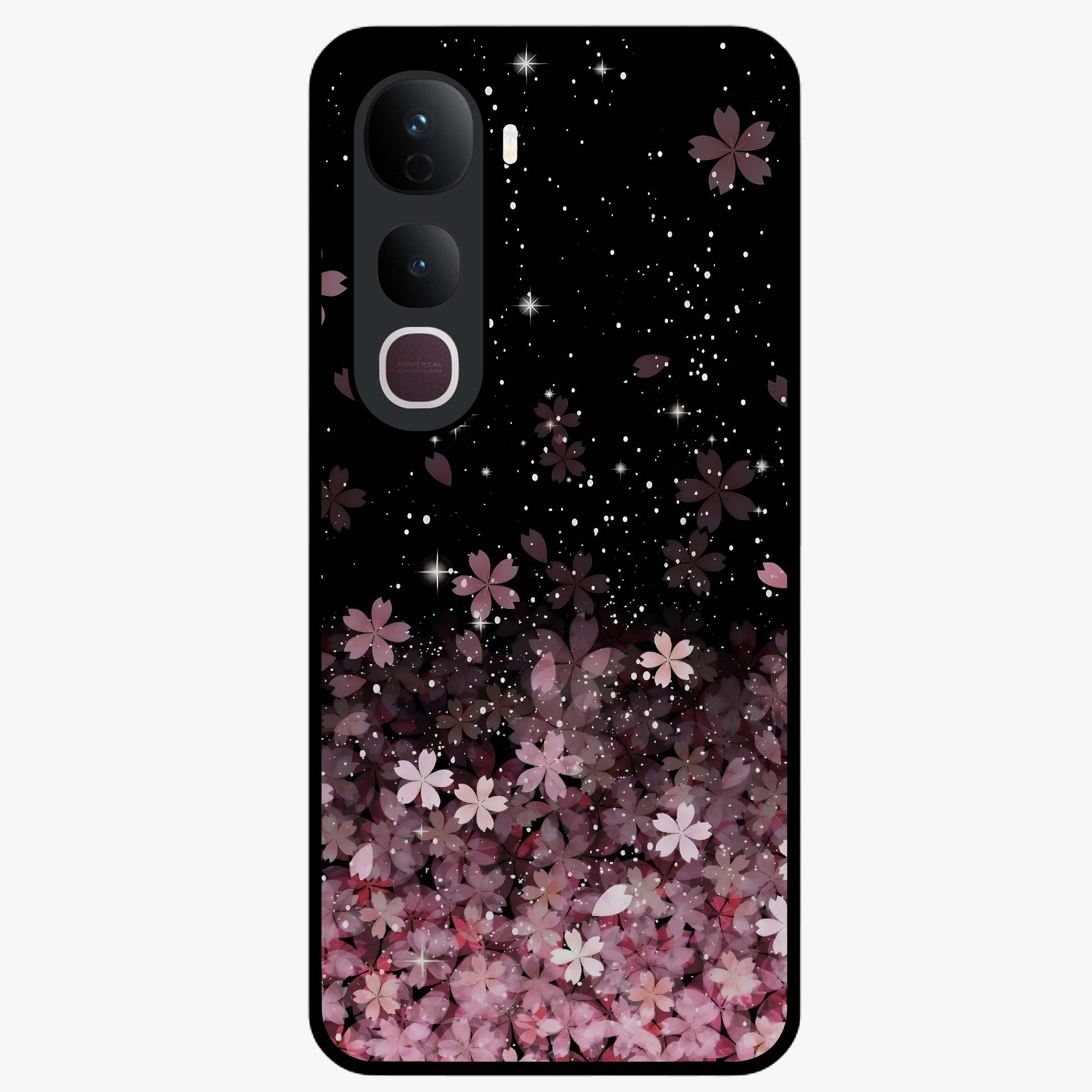 Small Starry Flowers Glass Case showing flat back view with delicate starry floral artwork and glossy glass finish.