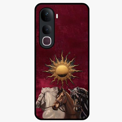 Solar Riders Glass Case showing flat back view with dynamic rider themed artwork and glossy glass finish.