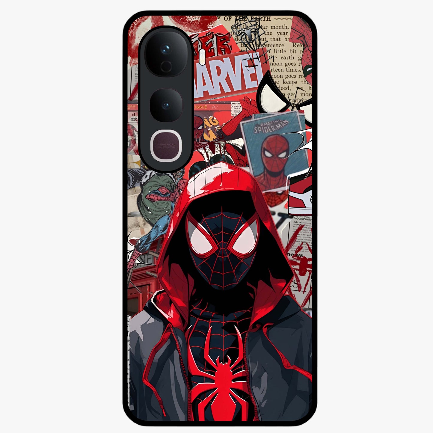 Spider Collage Street Glass Case showing flat back view with vibrant superhero collage artwork and glossy glass finish.