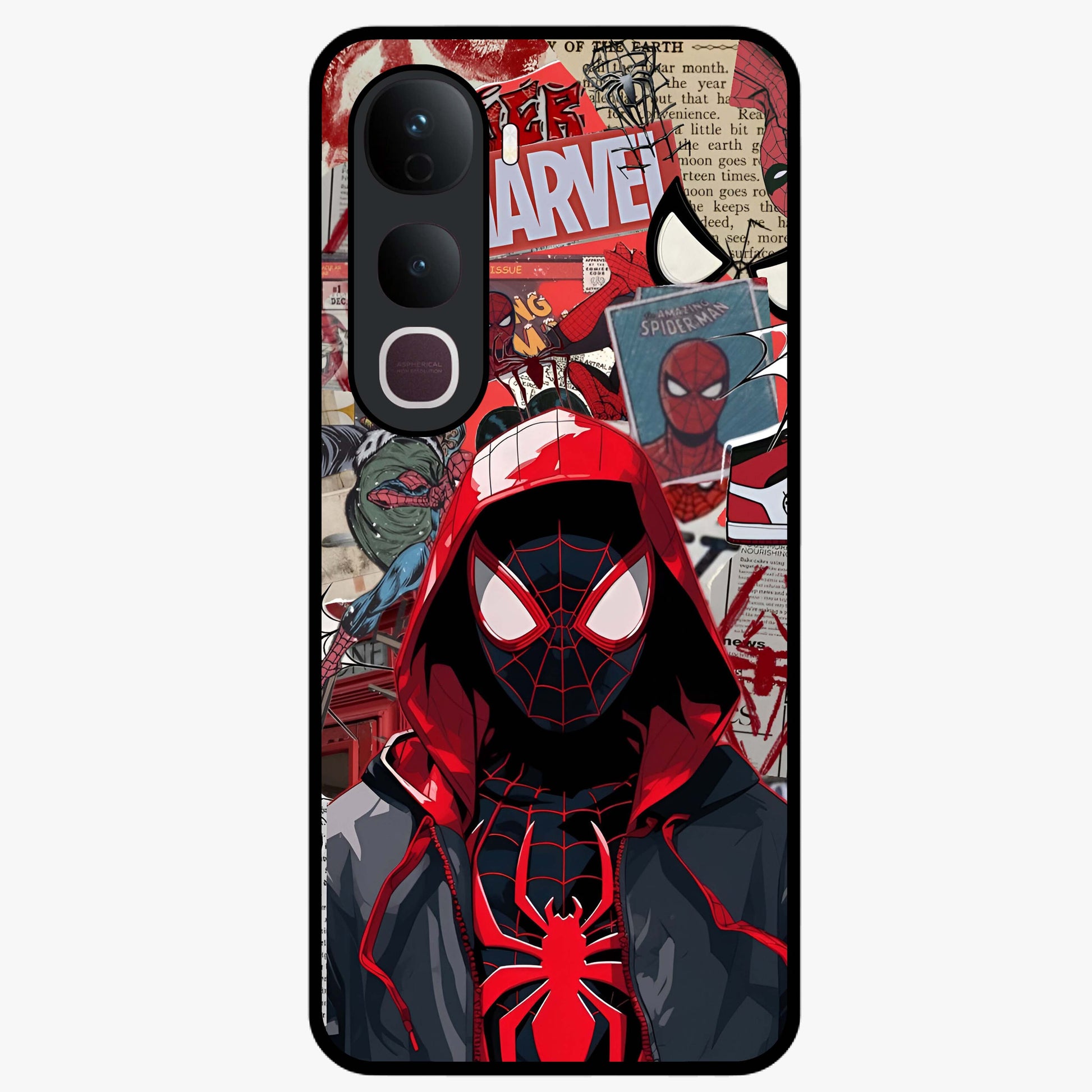 Spider Collage Street Glass Case showing flat back view with vibrant superhero collage artwork and glossy glass finish.