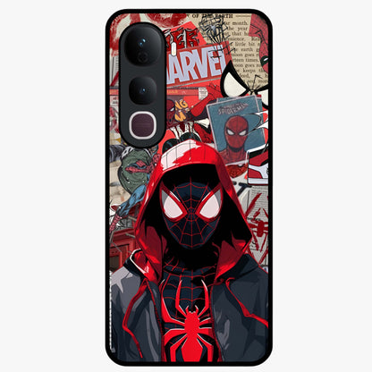 Spider Collage Street Glass Case showing flat back view with vibrant superhero collage artwork and glossy glass finish.