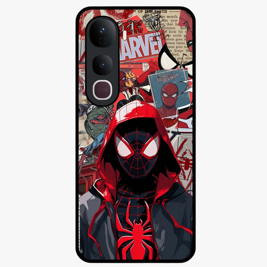 Spider Collage Street Glass Case showing flat back view with vibrant superhero collage artwork and glossy glass finish.