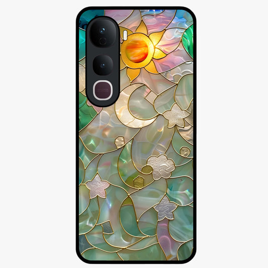 Stained Sunrise Glow Glass Case showing flat back view with glowing sunrise stained pattern artwork and glossy glass finish.