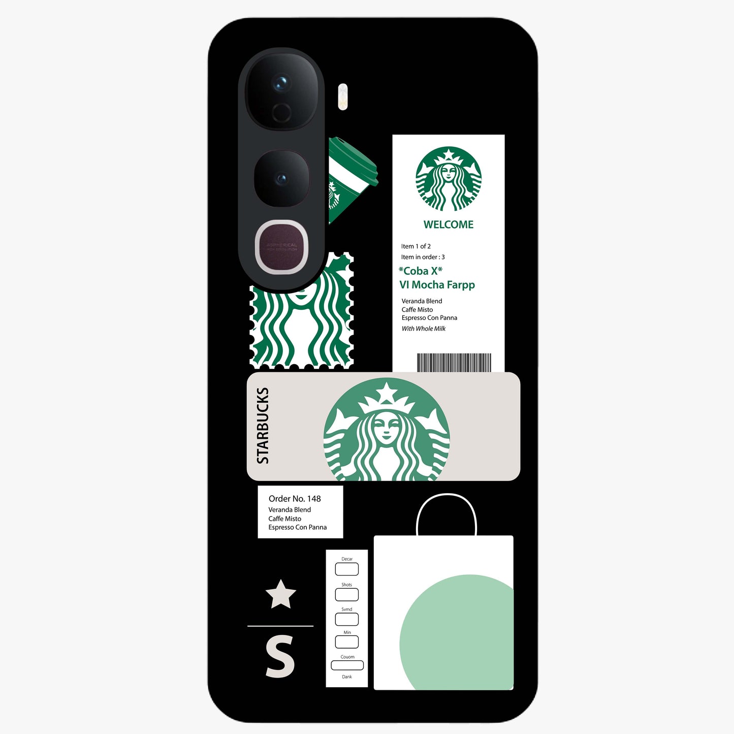 Starbucks Mocha Glass Case showing flat back view with coffee inspired artwork and glossy glass finish.