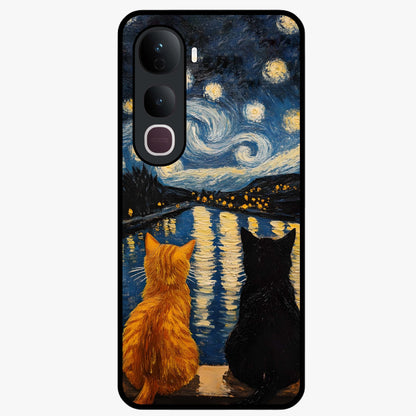 Starry River Cats Glass Case showing flat back view with cats by a starry river artwork and glossy glass finish.