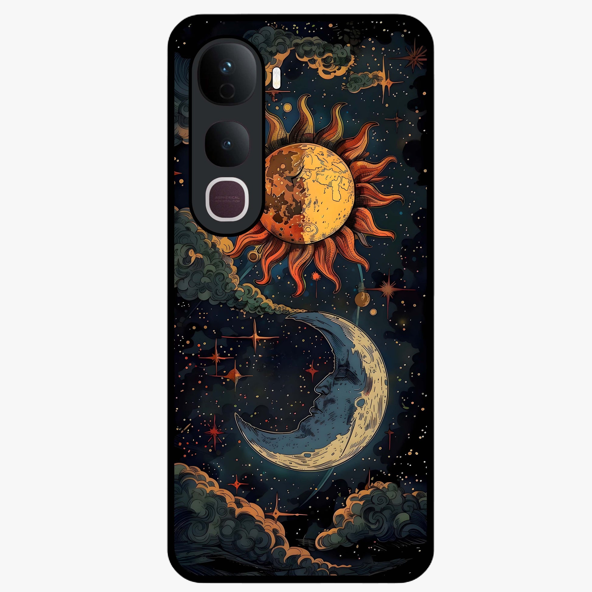 Sun And Moon Magic Design Glass Case showing flat back view with mystical sun and moon artwork and glossy glass finish.
