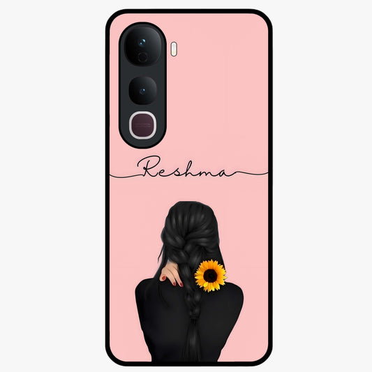 Sunflower Braid Beauty With Custom Name Glass Case showing flat back view with sunflower braid artwork and personalized name design.