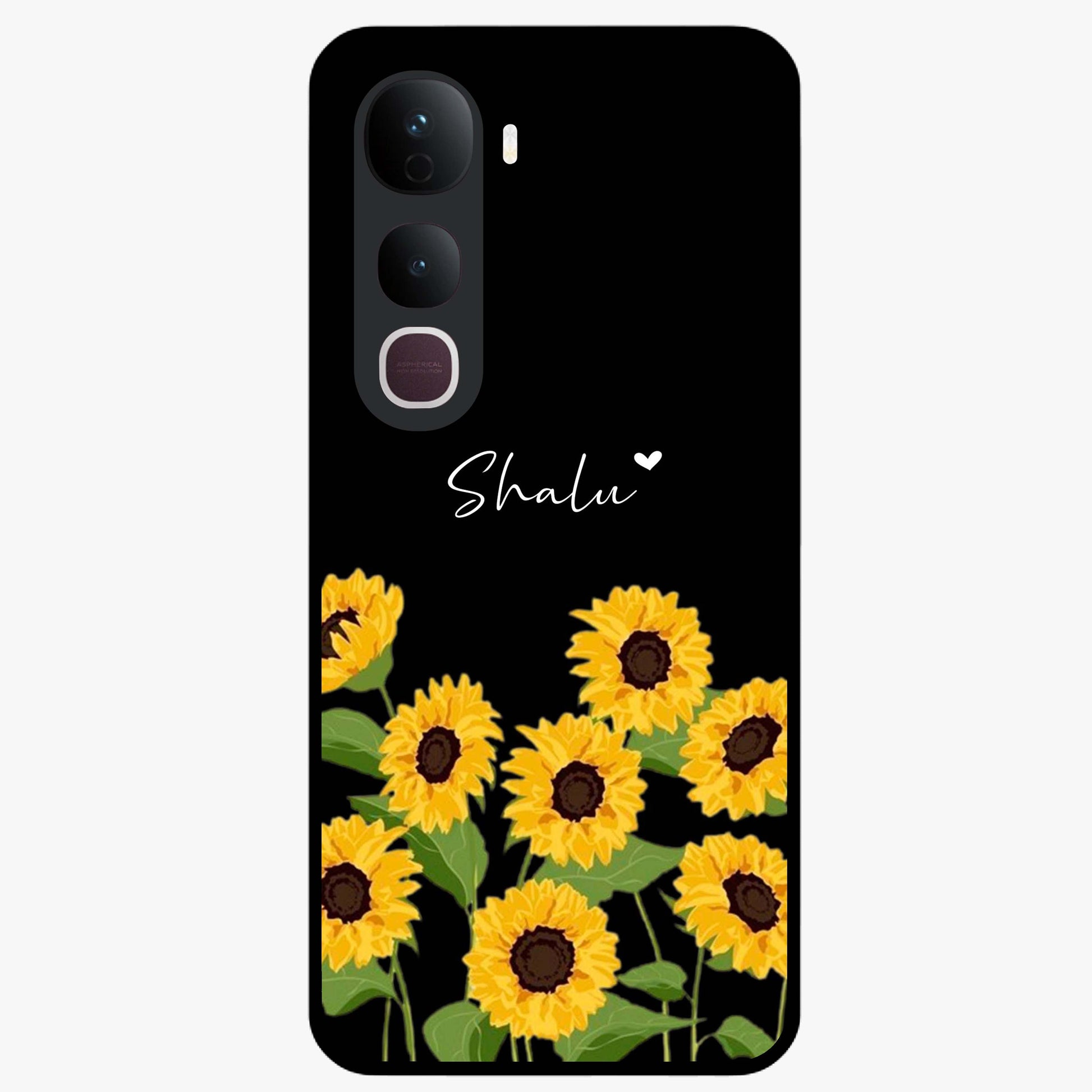 Sunflower Chic Mood Custom Name Glass Case showing flat back view with stylish sunflower artwork and personalized name design.