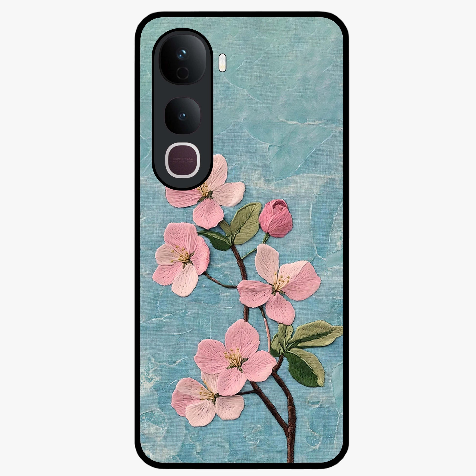 Threaded Blossom Breeze Glass Case showing flat back view with delicate blossom artwork and glossy glass finish.