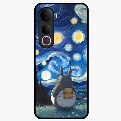 Totoro In Van Gogh Art Glass Case showing flat back view with whimsical character artwork inspired by Van Gogh style and glossy glass finish.